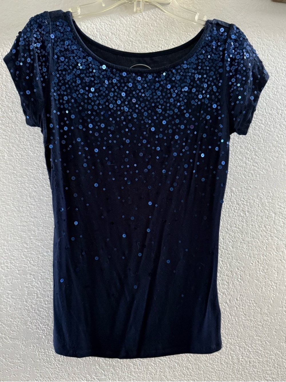 INC International Concepts Navy Short Sleeve Sequin Scoop Neck Top